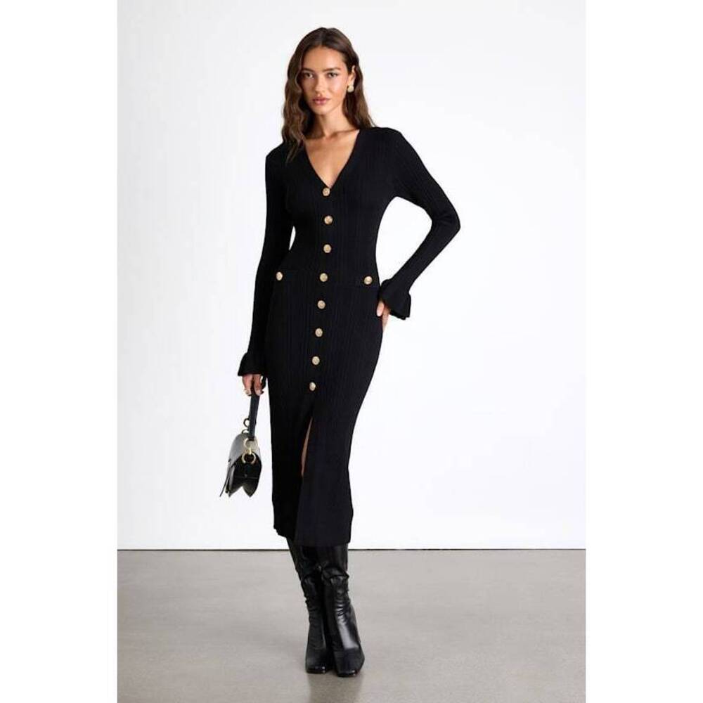 Lulus Dayena Black Ribbed Button-front Sweater Midi Dress - Size M